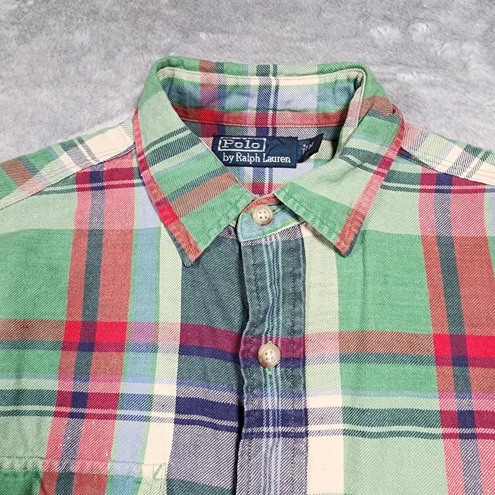 Polo Ralph Lauren Shirt Mens Medium Green Red Madras Plaid Button Down‎ Casual